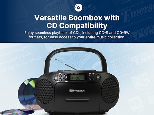 Versatile Boombox with seamless playback of CD's, CD-R, CD-RW formats for access your favorite music