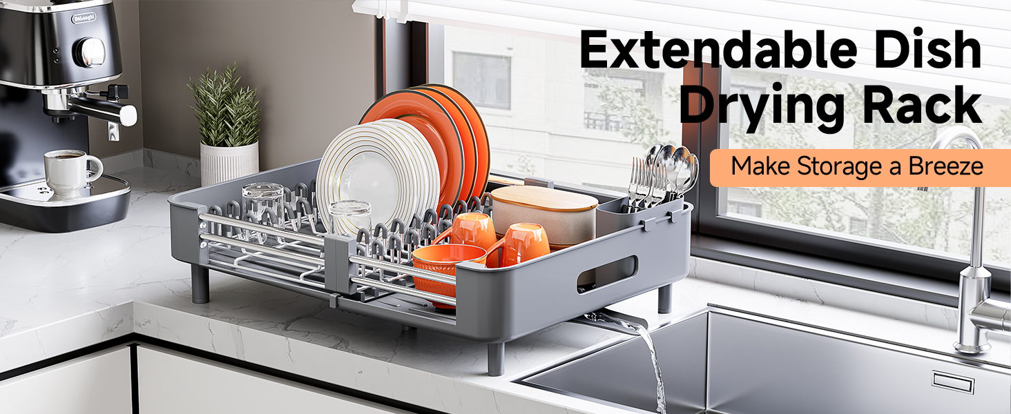 Expandable Dish Drying Rack for Kitchen Counter, Extendable Dish Rack with Drainboard