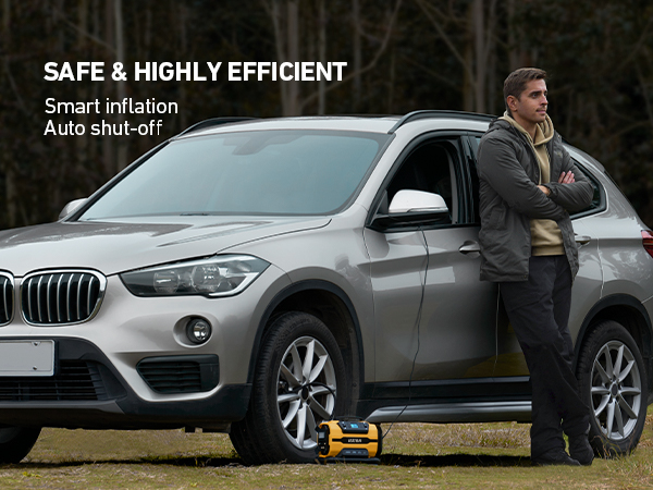 Silver crossover SUV with smart auto-shutoff tire inflation system. Text indicates safety and efficiency features.