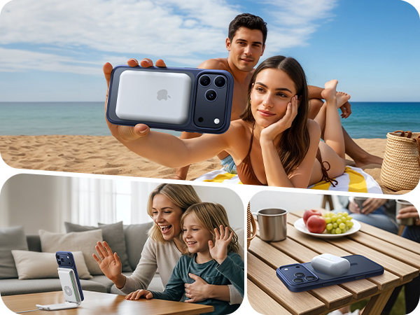 Collage of people using mobile devices in various settings - at the beach, on couch, at desk, showing social or entertainment activities.