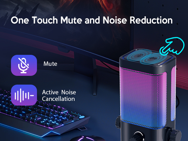 Text reads: 'One Touch Mute and Noise Reduction'. Digital interface showing audio controls with mute button and active noise cancellation features in blue and purple gradient design.