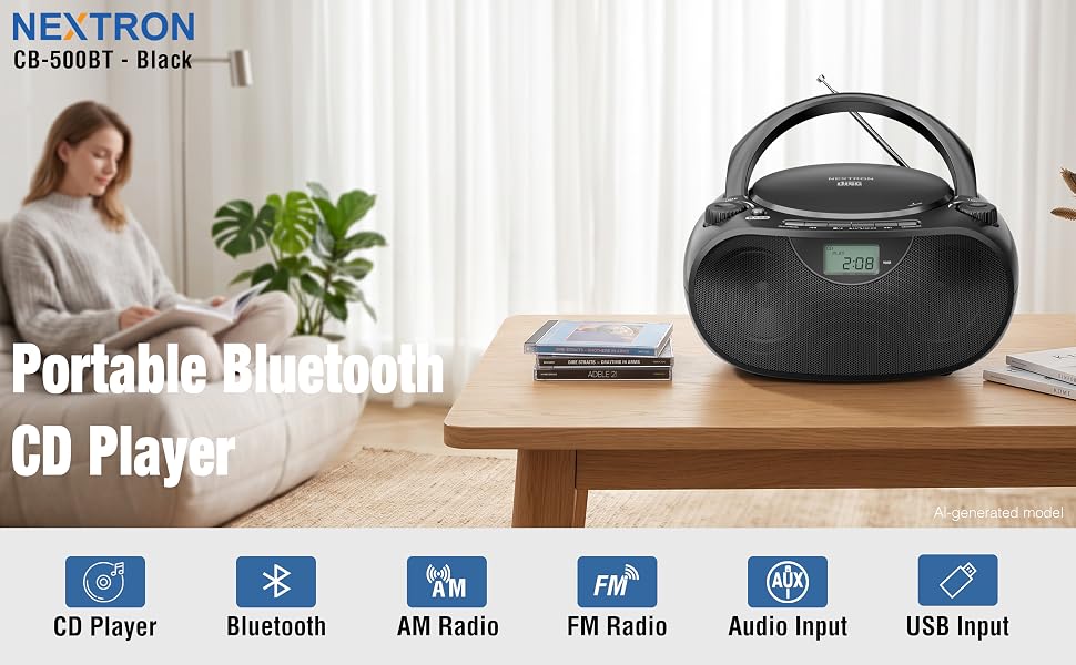 Portable CD Boombox with Bluetooth, AM/FM Radio and USB Playback