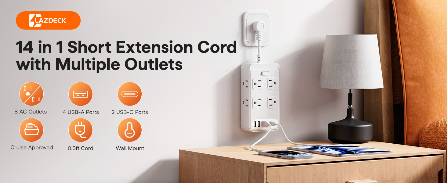 short extension cord with multiple usb ports