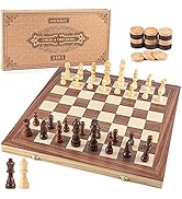 AMEROUS 15'' Wooden Chess &amp; Checkers Set, 2 in 1 Board Games -2 Extra Queens -24 Cherkers Pieces ...