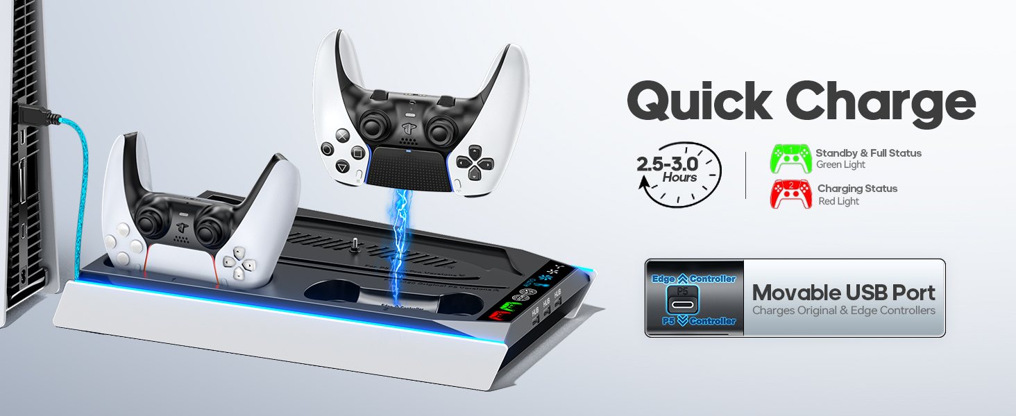 Text reads 'Quick Charge.' Series of images showing a black electronic device with charging indicators and cat-themed design elements.