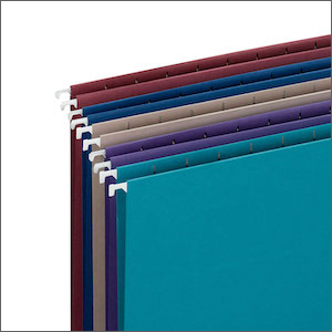 smead hanging file folders, white coated rod tips closeup, letter size, with tabs, jewel tones