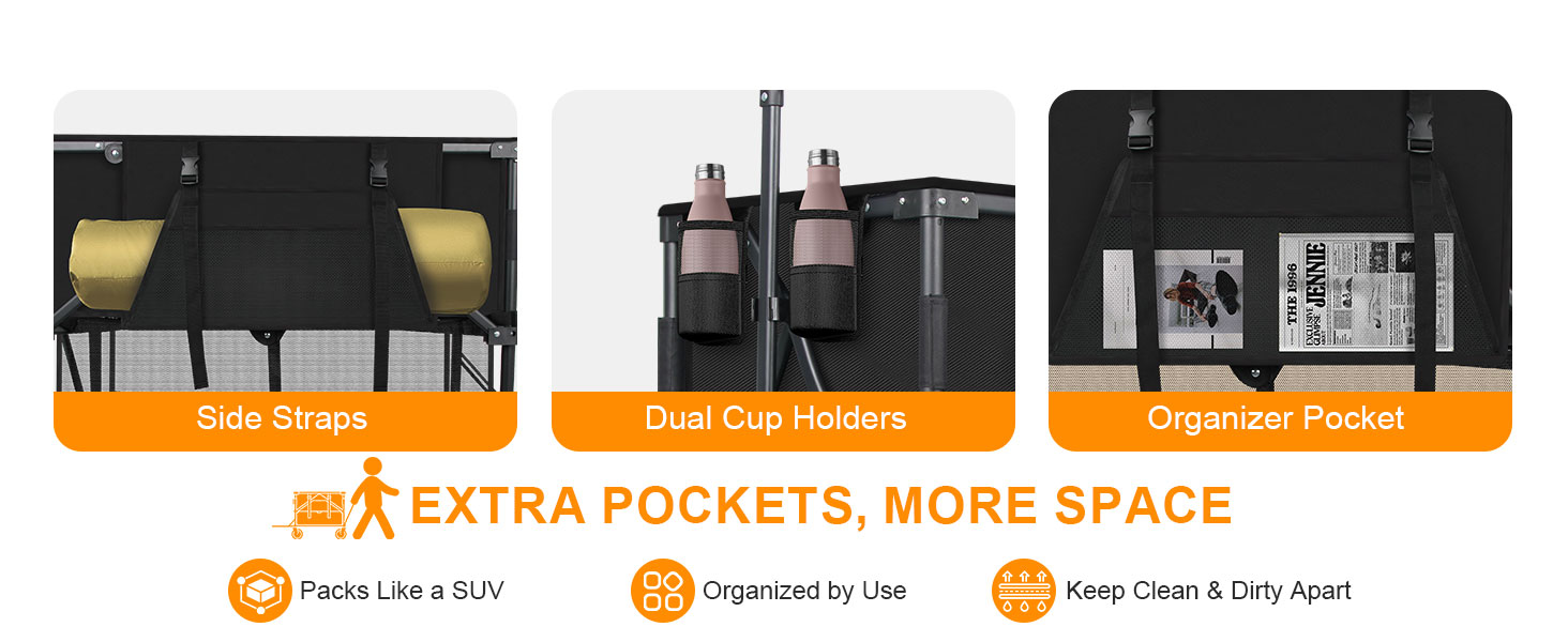 Double decker wagon storage: dual cup holders, side straps for long gear, and organizer pockets