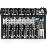 12 Channel Audio Mixer with Bluetooth, Professional DJ Mixer Board with 48V Phantom Power, USB Au...
