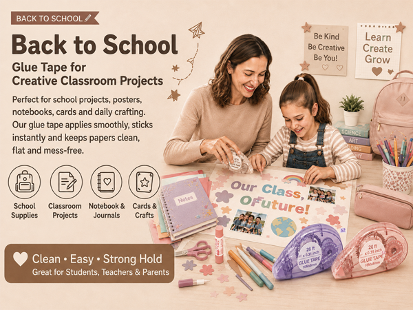 Glue tape, school projects, classroom crafts, notebooks, posters