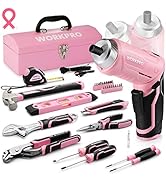 WORKPRO 75-Piece Pink Tools Set, 3.7V Rotatable Cordless Screwdriver and Household Tool Kit, Basi...