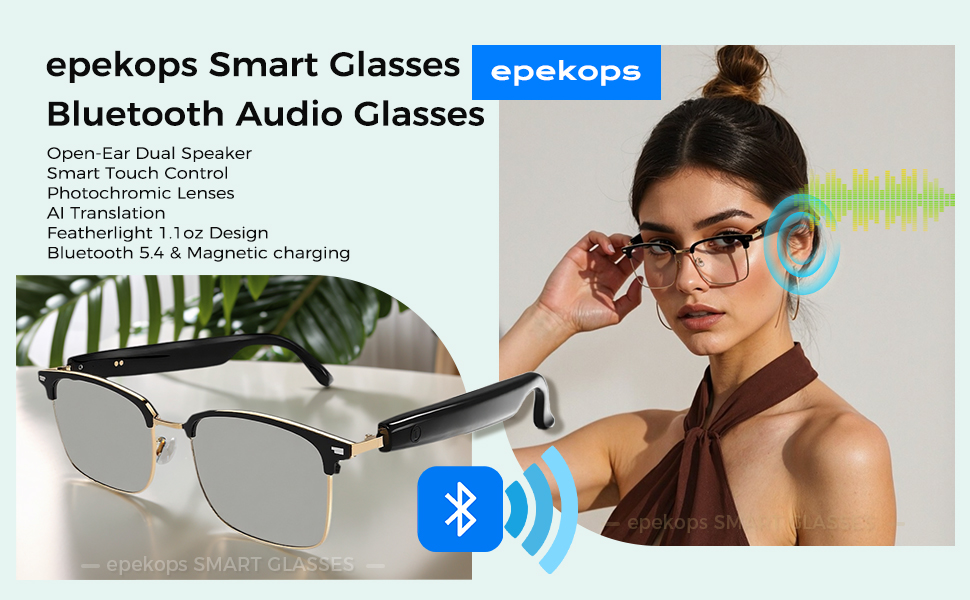 epekops AI Smart Bluetooth Audio Glasses Photochromic Sunglasses