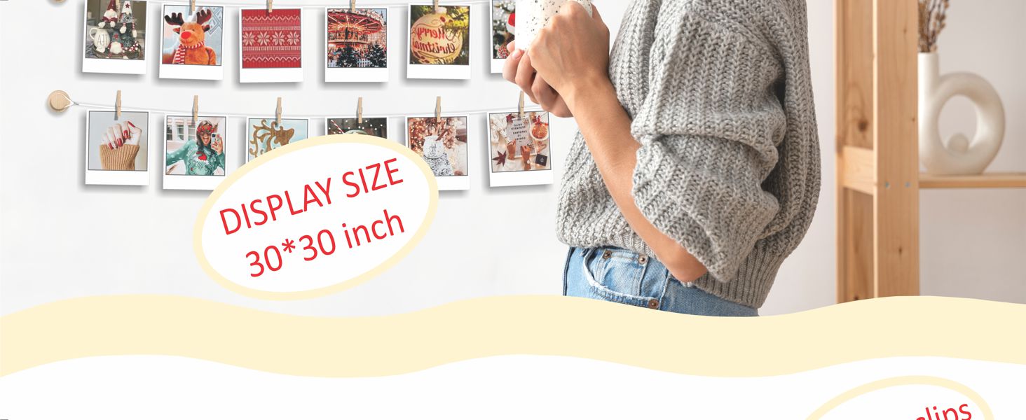 Hanging Photo Display Room Wall Decor - 5 Strings with 30 Clips - Sculptural Picture Frames Collage