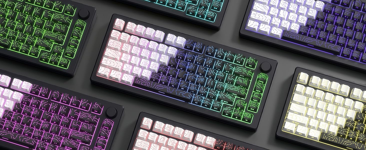 Double Shot PBT keycap Set,White/Black Topographic Keyboard keycaps,Shine Through Custom keycap