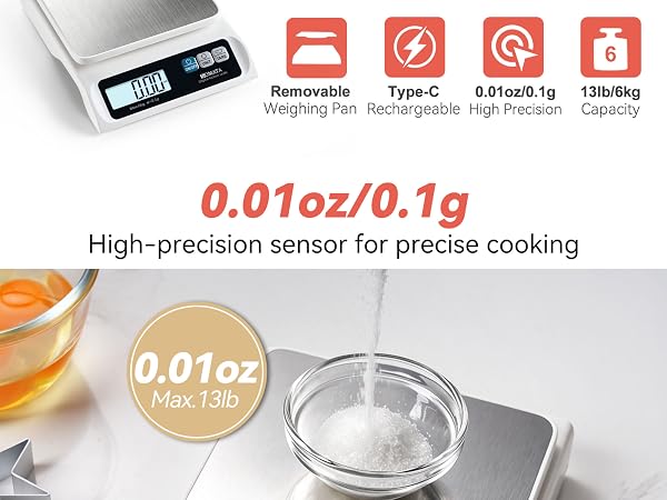 BOMATA 0.1g Food Scale, 13lb Digital Kitchen Scale with Removable Stainless Steel Pan