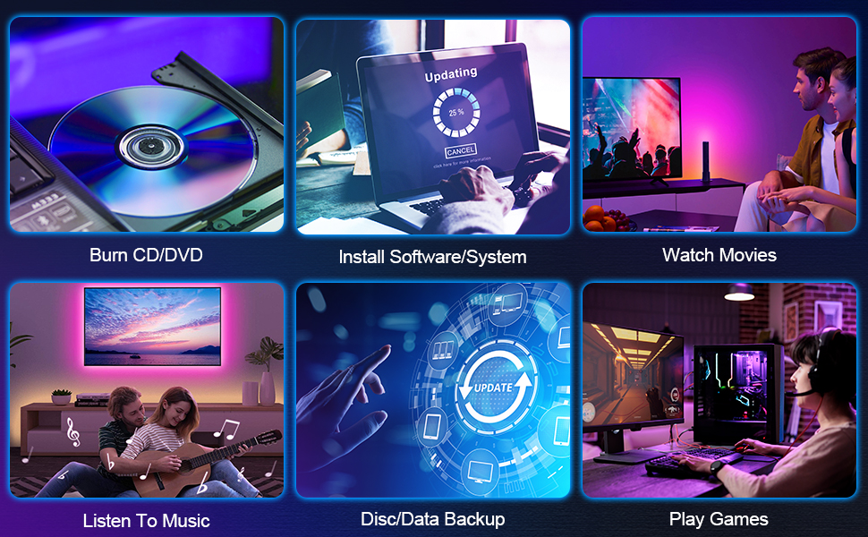 External CD DVD Drive for Laptop USB 3.0 USB-C DVD Player CD ROM Burner Reader Writer Disc Drive