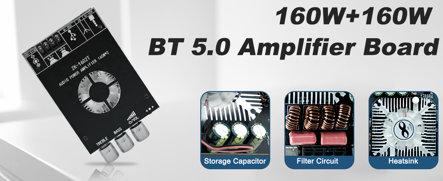 ZK-1602T 160W+160W Bluetooth Amplifier Board with Treble and Bass Control