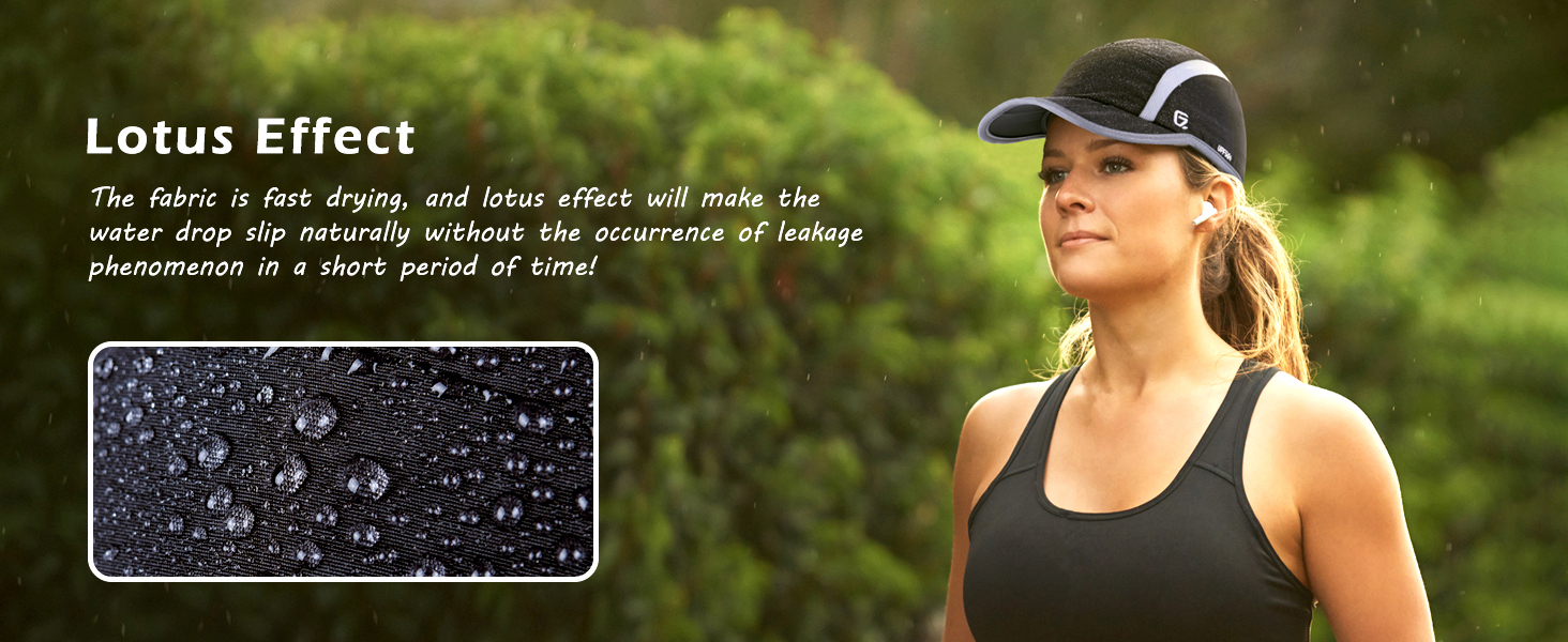 Lotus effect. The fabric is fast drying, and lotus effect will make the water drop slip