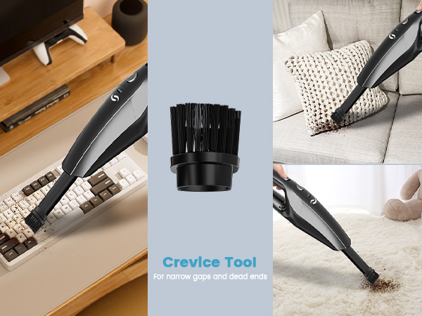 Multiple views of a black brush cleaning tool labeled 'Crevice Tool', shown cleaning various surfaces and crevices around furniture and cushions.