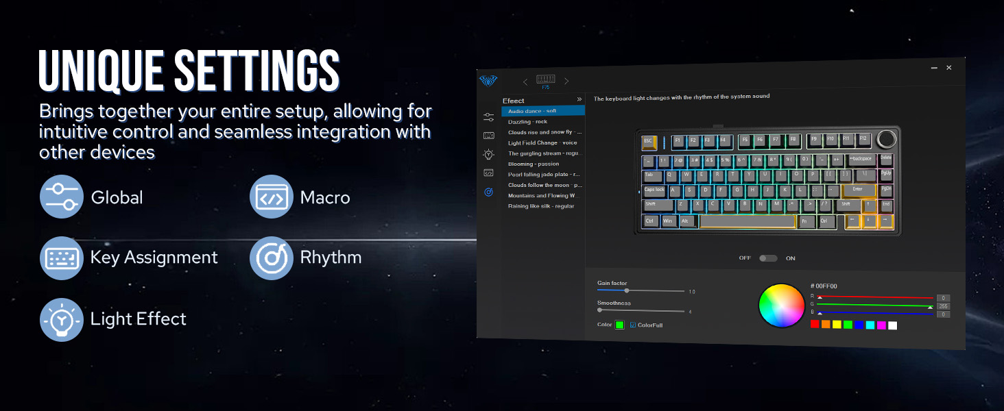 Keyboard customization software interface showing unique settings options including Global, Macro, Key Assignment, Rhythm, and Light Effect controls with RGB color picker.