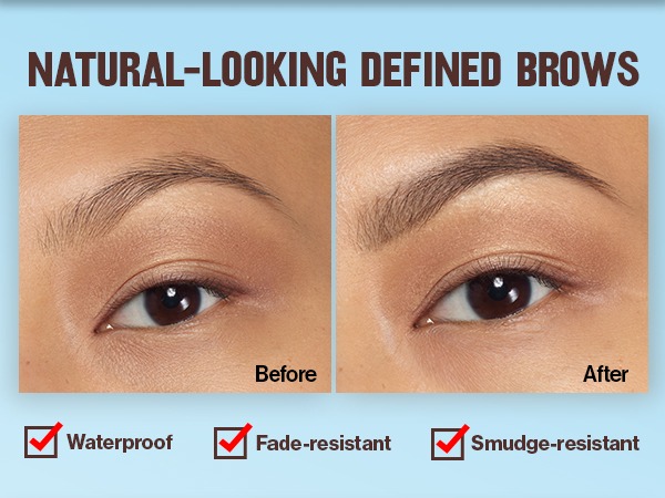 Before and After of eyebrows; before brows are sparse and after are filled in and appear fuller.
