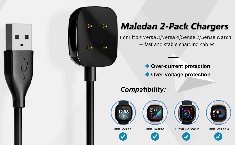 Maledan 2 pack chargers for Fitbit Versa 3/Versa 4/Sense 2/Sense Smart Watch