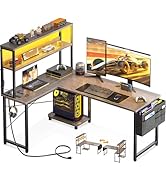 AODK L Shaped Desk Gaming Desk with LED Light &amp; Power Outlet, 53 Inch Reversible L Shaped Compute...