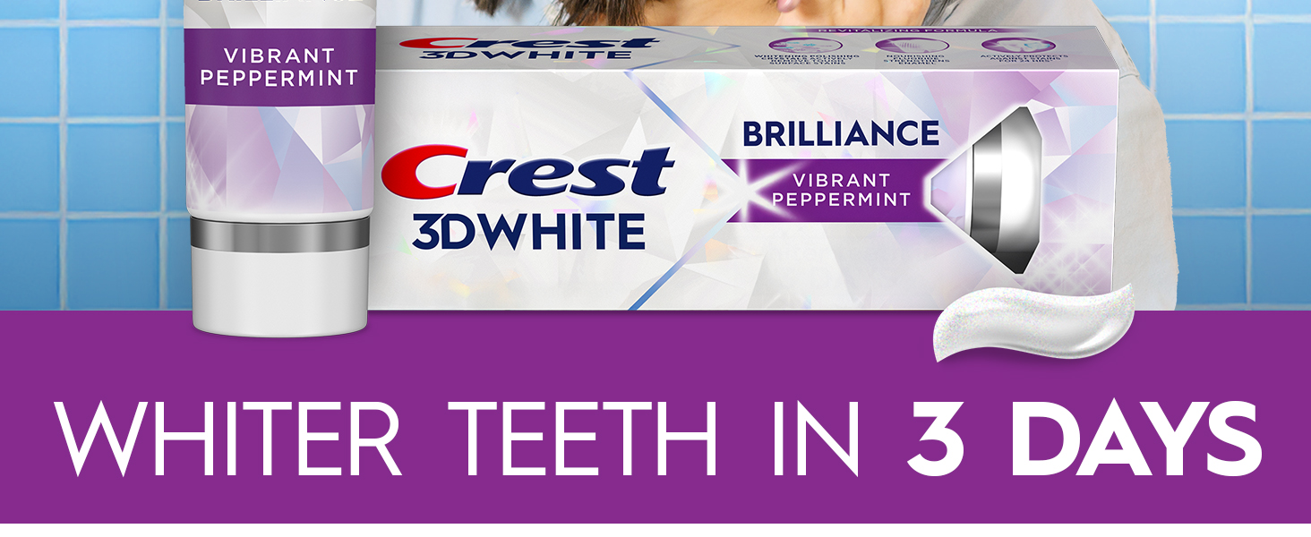 Happy woman brushing her teeth with Crest 3DWhite. Whiter Teeth in 3 Days.