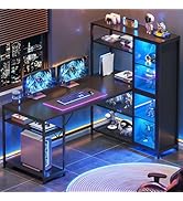 SEDETA Computer Desk with Storage Shelves, 59'' Office Desk with LED Light and Bookshelf, Corner ...
