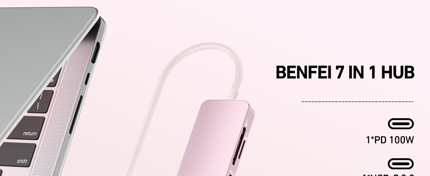 Text reads 'BENFEI 7 IN 1 HUB'. Rose gold USB hub adapter shown connected to laptop, with technical specifications visible.