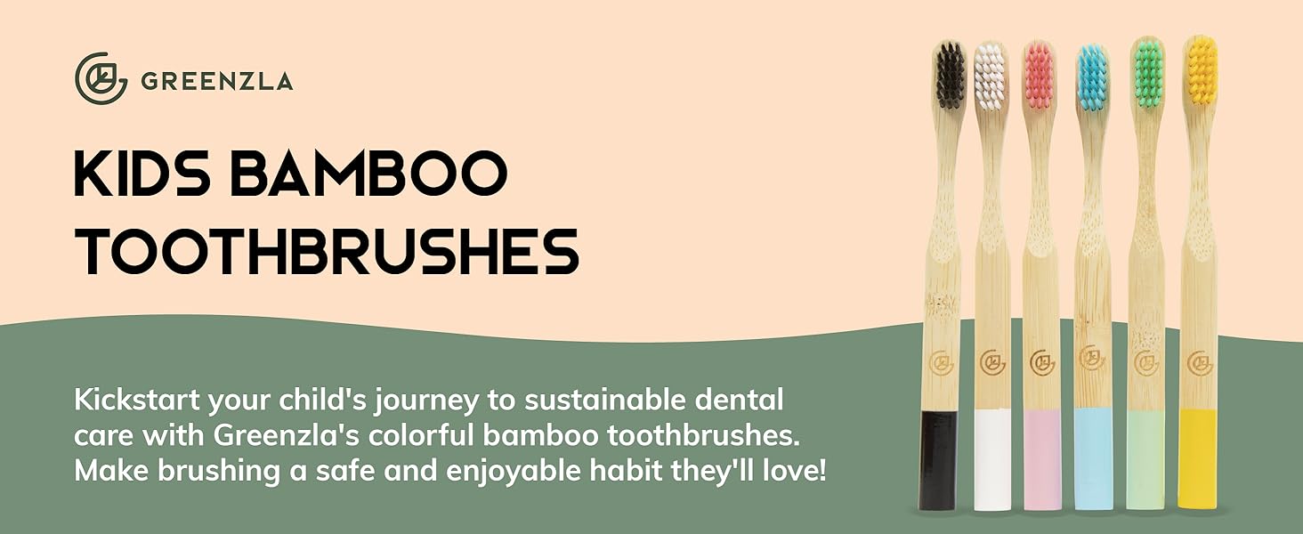 Greenzla Kids Bamboo Toothbrushes Organic Sustainable Dental Care Ergonomic Soft Charcoal Bristles