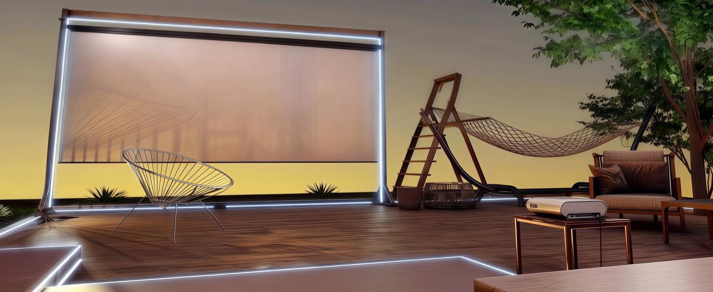 Series of outdoor lounge settings showing roller blinds in various positions at sunset, featuring deck chairs and hammocks on a patio.