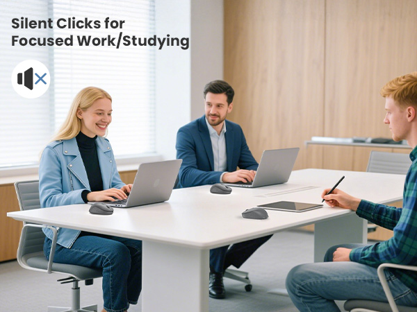Text reads 'Silent Clicks for Focused Work/Studying'. Modern office setting showing people working at white desks in professional environment.