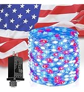 66Ft 200 LED Red White and Blue Fairy Lights Plug in, July 4th Waterproof String Lights 8 Modes w...