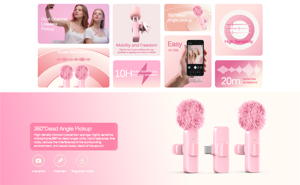 PINK Wireless Lavalier Lapel Microphone 