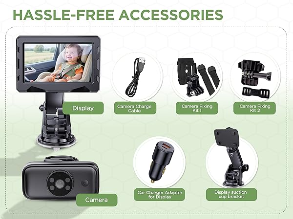 Text reads 'HASSLE-FREE ACCESSORIES'. Product mounting accessories displayed in grid format showing various clips, holders and attachment mechanisms.