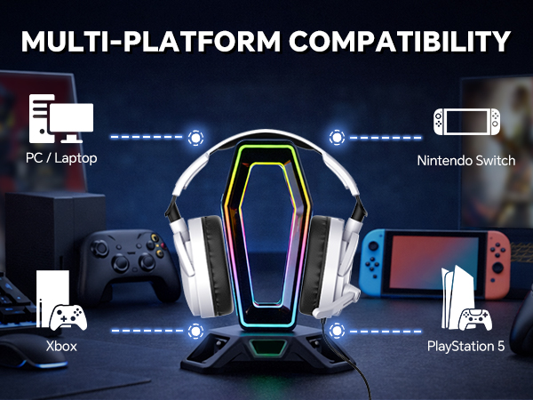 Text reads: 'MULTI-PLATFORM COMPATIBILITY'. Gaming headset with RGB lighting displayed centrally, surrounded by gaming platform icons for PC/Laptop, Xbox, Nintendo Switch, and PlayStation 5.