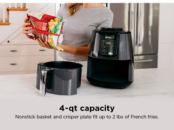 4-qt capacity Nonstick basket and crisper plate fit up to 2 lbs of French fries