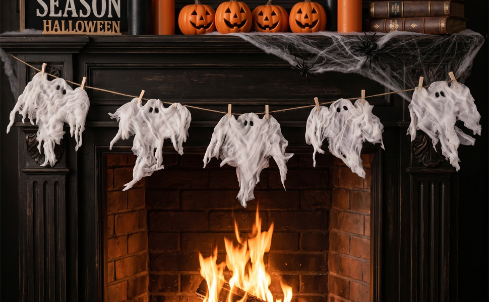 halloween garland white little ghost banner sign decor decorations shelf mantel wall