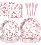 100Pcs Cowgirl Birthday Party Decorations Western Cowgirl Disposable Paper Plates Napkins Pink Bo...