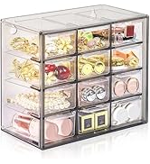 FODIENS Desk Storage Organizer with 12 Mini Drawers, Clear Desktop Craft Drawer Cabinet, Stackabl...