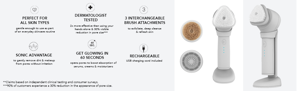 Perfect for all skin types. Dermatologist tested. 3 interchangeable brush attachments. 