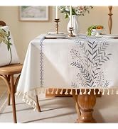 Laolitou Spring Table Cloth Rectangle Table, Embroidery Heavy Duty Cotton Linen Tablecloth, Farmh...