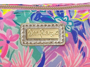 lilly pulitzer pencil pouch gold details zipper logo plaque carrying handle travel on the go