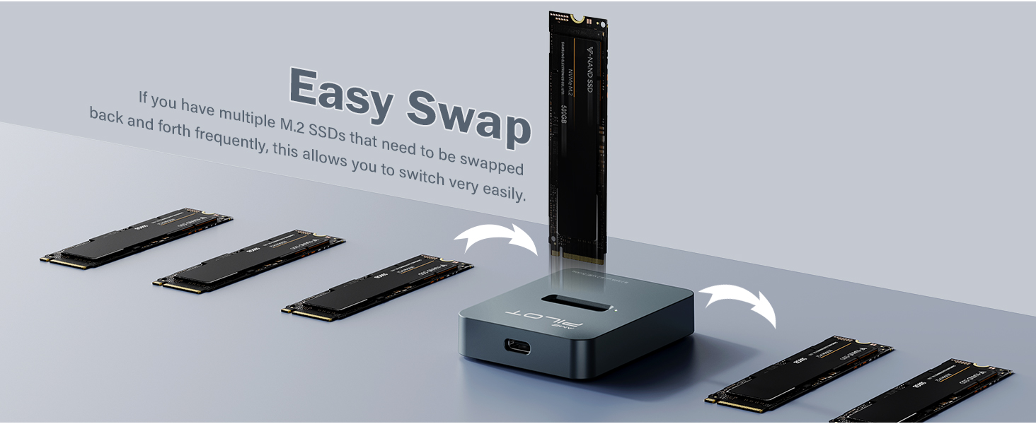 Tool-free SSD docking station for easy disk swapping and plug and play data access without tools.