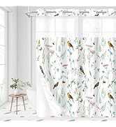 Litabel No Hook Green Cute Floral Shower Curtain and Liner Set, Modern Fabric Shower Curtain with...