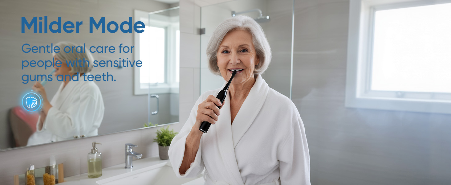 Text reads 'Milder Mode'. Bathroom setting with natural lighting showing electric toothbrush features.