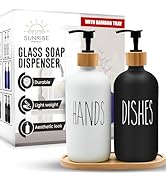 Sunrise Premium 16 OZ Thick White &amp; Black Glass Soap Dispenser, Bamboo Pump with Tray 2 Pack, Han...