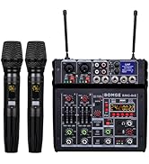 BOMGE 04E karaoke Audio mixer,4 Channel Mixer With Dual UHF Wireless Mic, Sound Board Console MP3...
