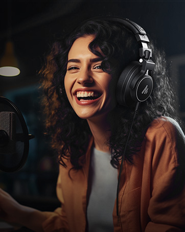 Over-ear headphones with visible brand logo, worn by a person in a recording studio setting. Headphones feature large ear cups and an adjustable headband.
