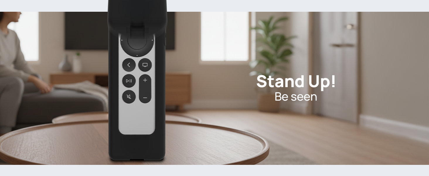 Siri Remote with GripStand case standing upright on table, easy to find in living room